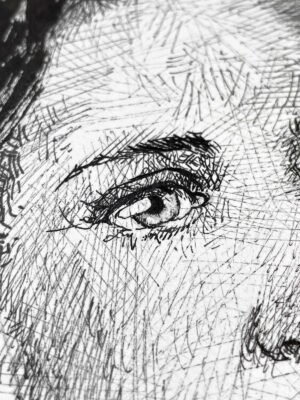 Detailed view of eye in Memories, original ink portrait on paper