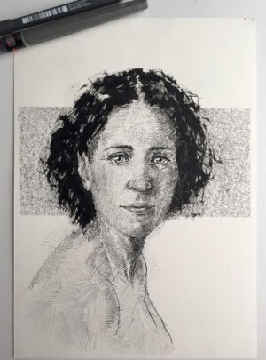 Texture detail of Memories, handmade female portrait ink drawing