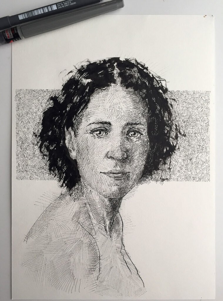 Texture detail of Memories, handmade female portrait ink drawing