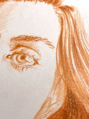 Close-up of eye detail from red pastel portrait drawing “Red Quietness” by Dario Moschetta