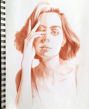 Original red pastel portrait drawing on paper – “Red Quietness” by Dario Moschetta, female figure with hand on face