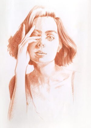 Red pastel portrait drawing for sale – “Red Quietness” original female portrait artwork by Dario Moschetta