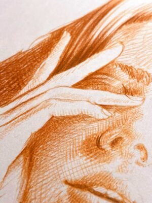 Close-up of hand and face detail from red pastel portrait drawing “Red Quietness” – contemporary female artwork