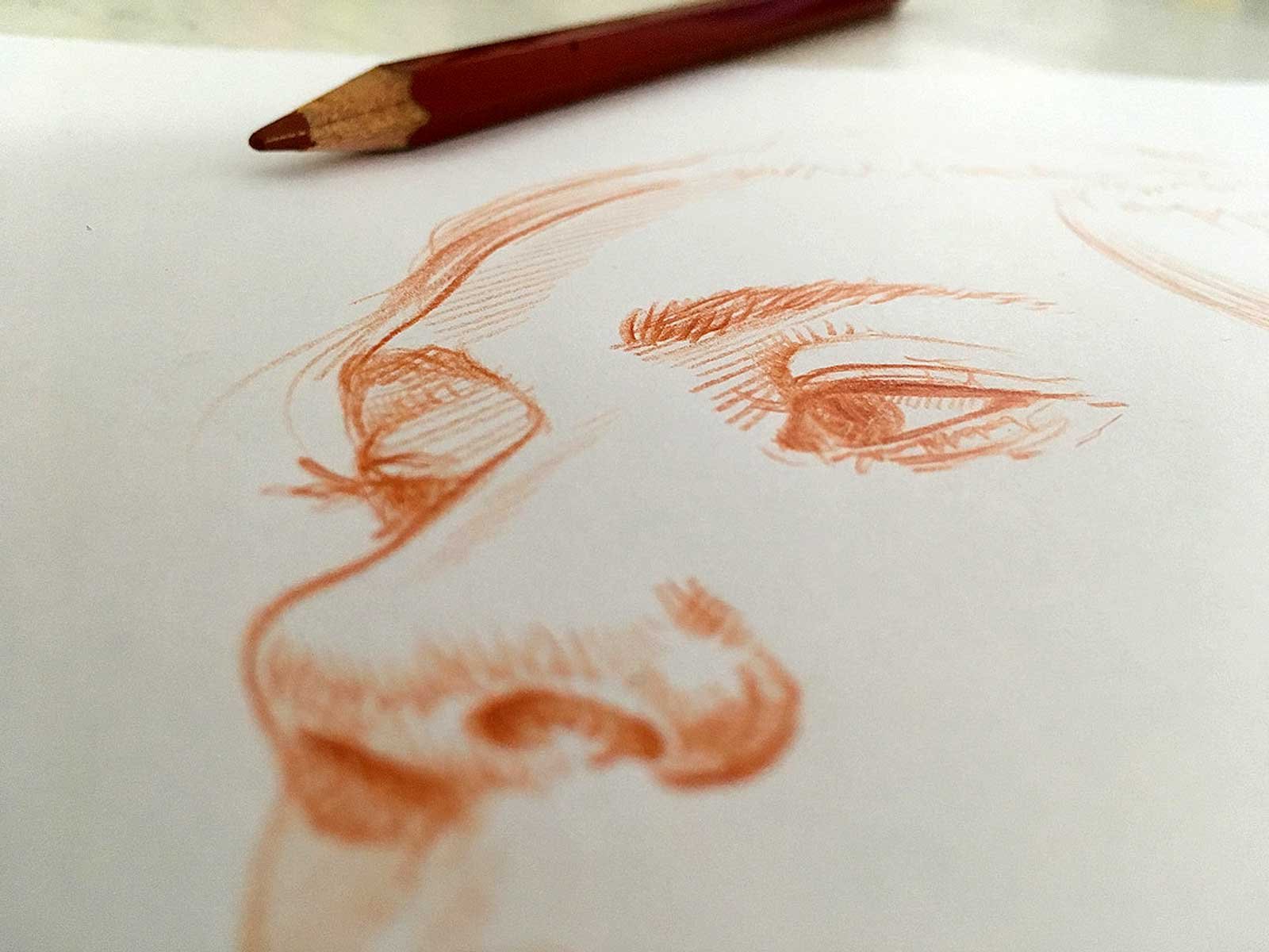 Eye and nose detail from red pastel portrait drawing “Terracotta Light” – fine linework and shading