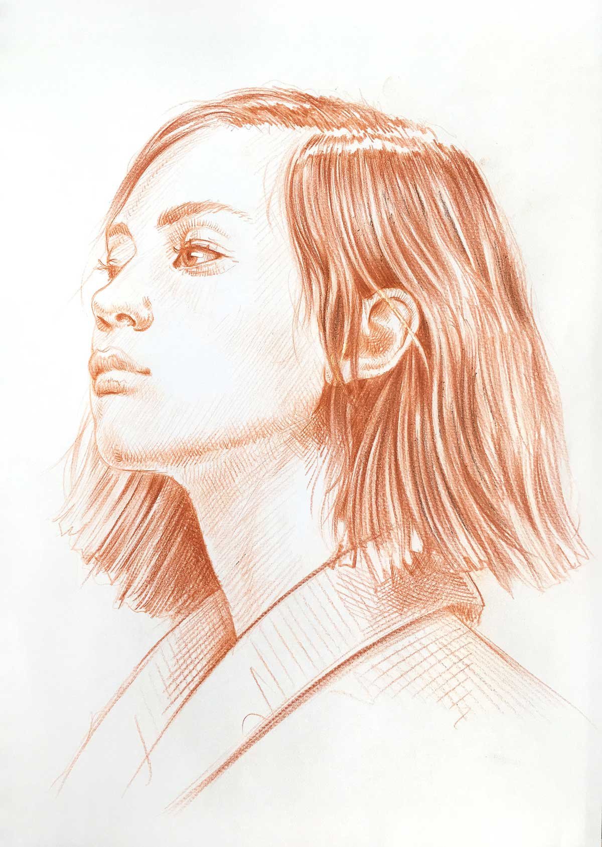 Red pastel portrait drawing for sale – “Terracotta Light” by Dario Moschetta, original female portrait on paper
