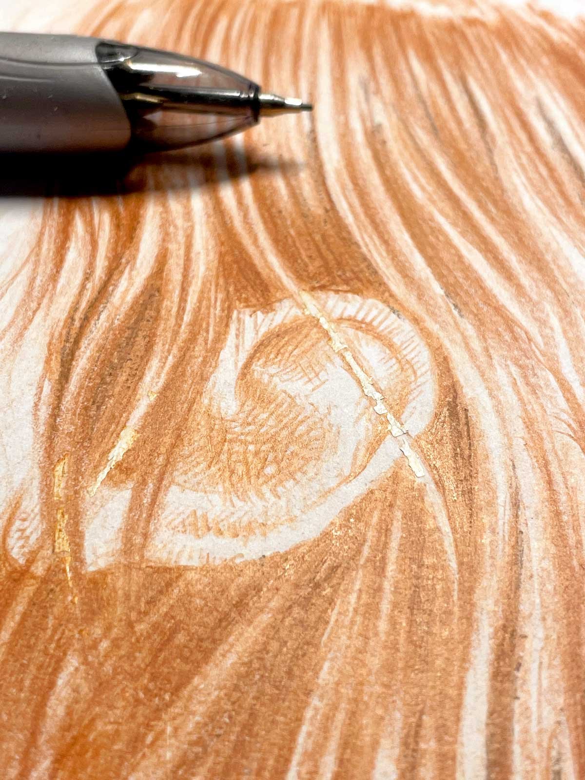 Close-up of hair and texture detail from red pastel portrait drawing “Terracotta Light” by Dario Moschetta