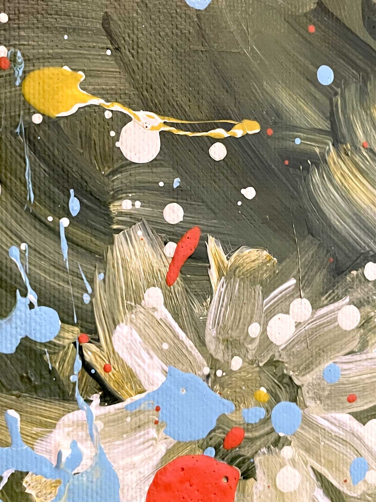 close-up detail of floral abstract painting for sale showing colorful acrylic textures and flower patterns