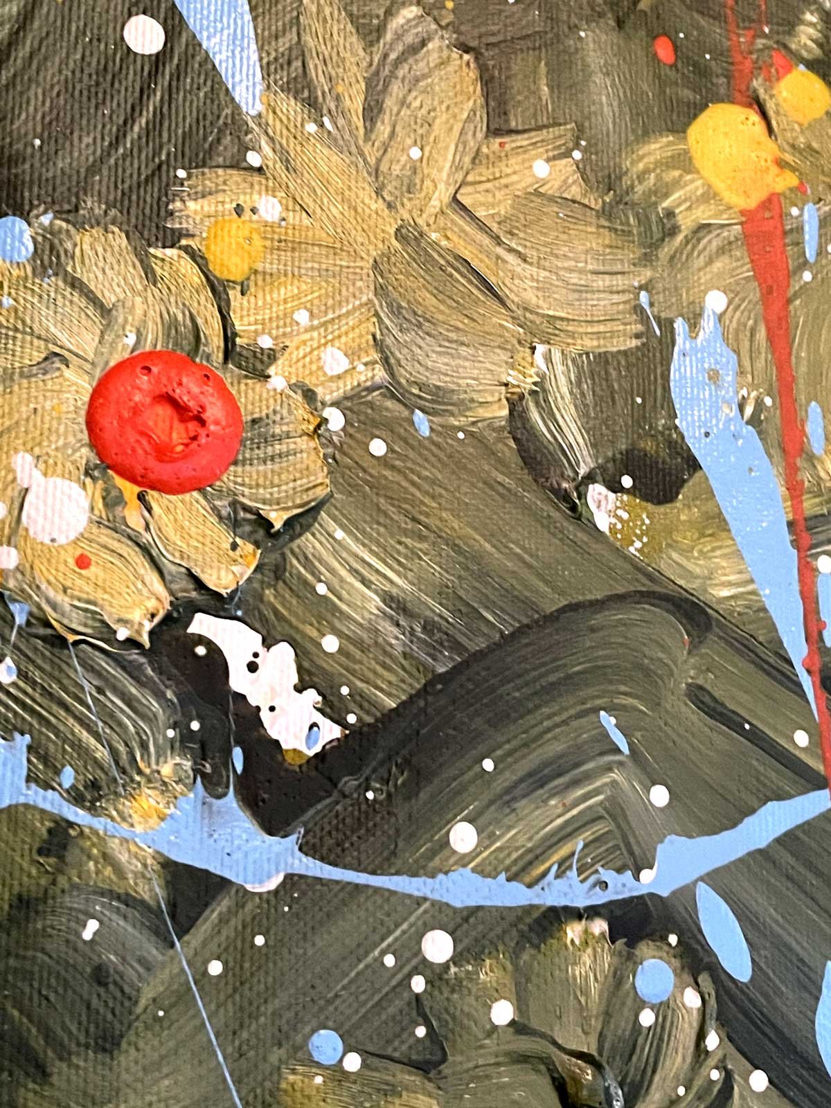 detail of “Wild Garden” floral abstract painting for sale with yellow, red and blue paint splashes
