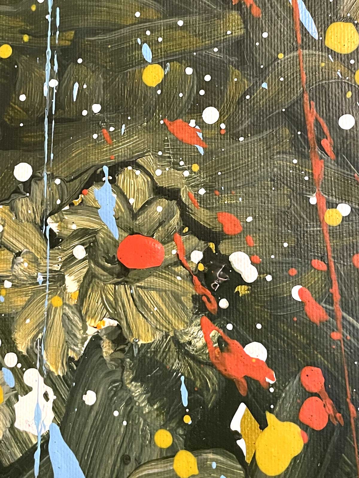 acrylic floral abstract painting for sale close-up with green background and vibrant color contrasts