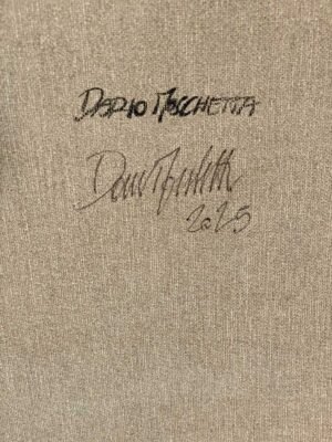 back view of the painting showing Dario Moschetta’s signature on canvas of floral abstract artwork