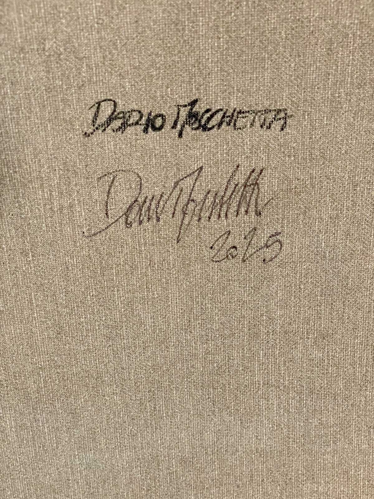 back view of the painting showing Dario Moschetta’s signature on canvas of floral abstract artwork