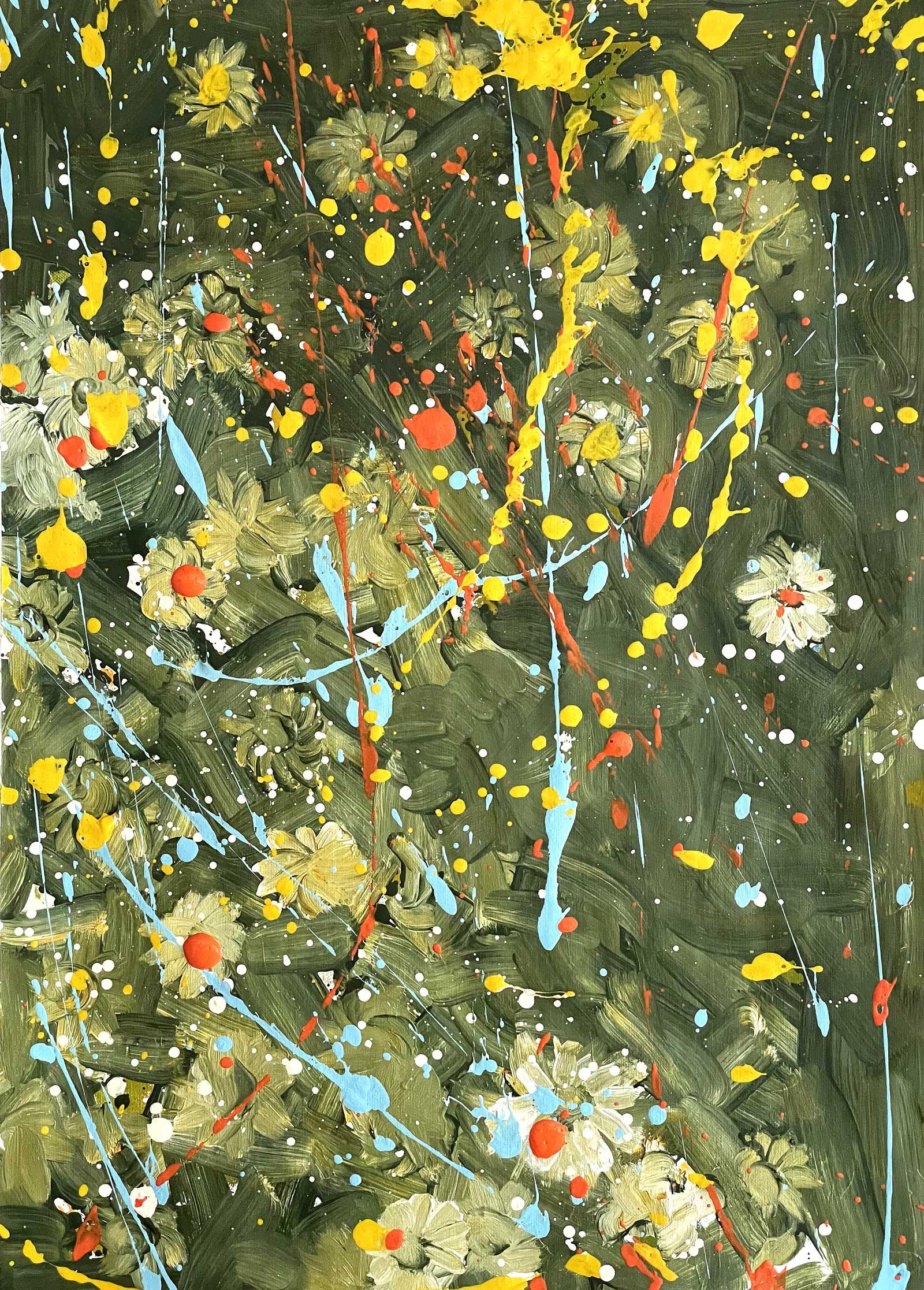 full view of “Wild Garden” floral abstract painting for sale by Dario Moschetta, contemporary acrylic artwork on canvas
