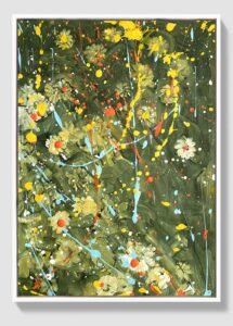 framed view of “Wild Garden” floral abstract painting for sale, contemporary artwork with white frame