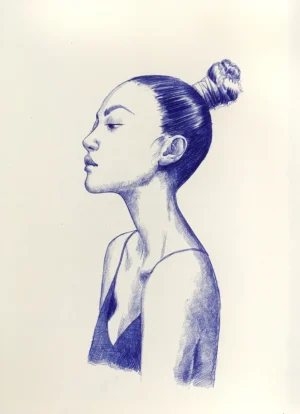 Full view of a female portrait in blue ballpoint ink on A4 paper, showcasing the entire composition with smooth shading