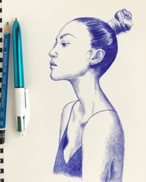 Female portrait in blue ballpoint ink on A4 paper, displayed on a table with natural light accentuating the details