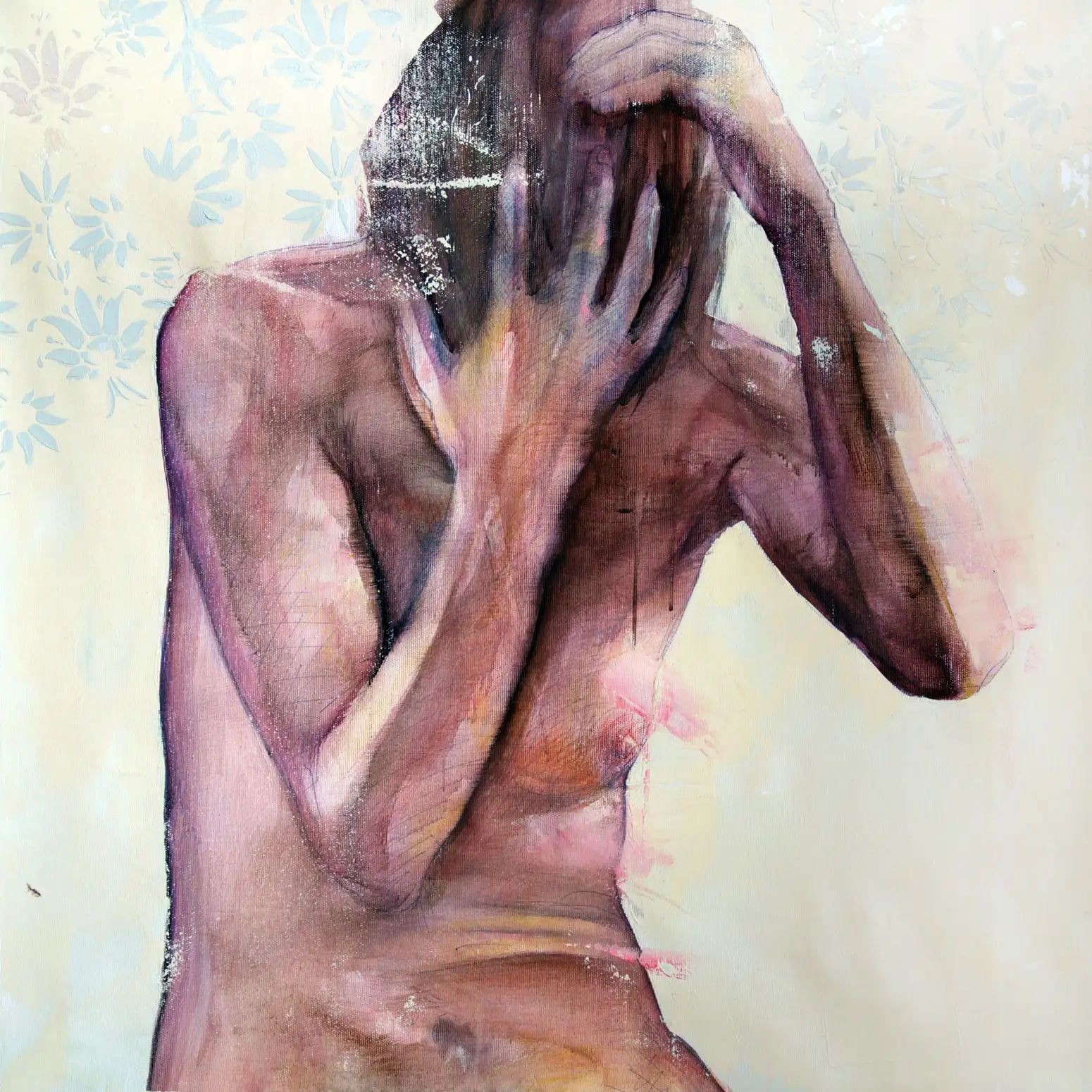 Figurative contemporary painting shown in a refined art collector guide environment, highlighting emotional depth and material texture