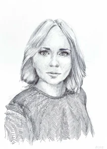 Female ballpoint portrait drawing for sale – original black ink artwork by Dario Moschetta