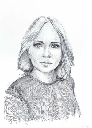 Female ballpoint portrait drawing for sale – original black ink artwork by Dario Moschetta
