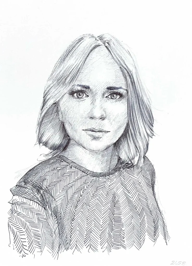 Female ballpoint portrait drawing for sale – original black ink artwork by Dario Moschetta
