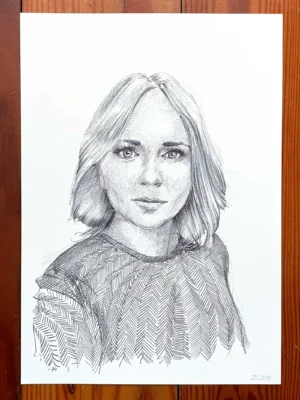 Female ballpoint portrait drawing for sale in the studio in Padova Italy – original black ink artwork by Dario Moschetta