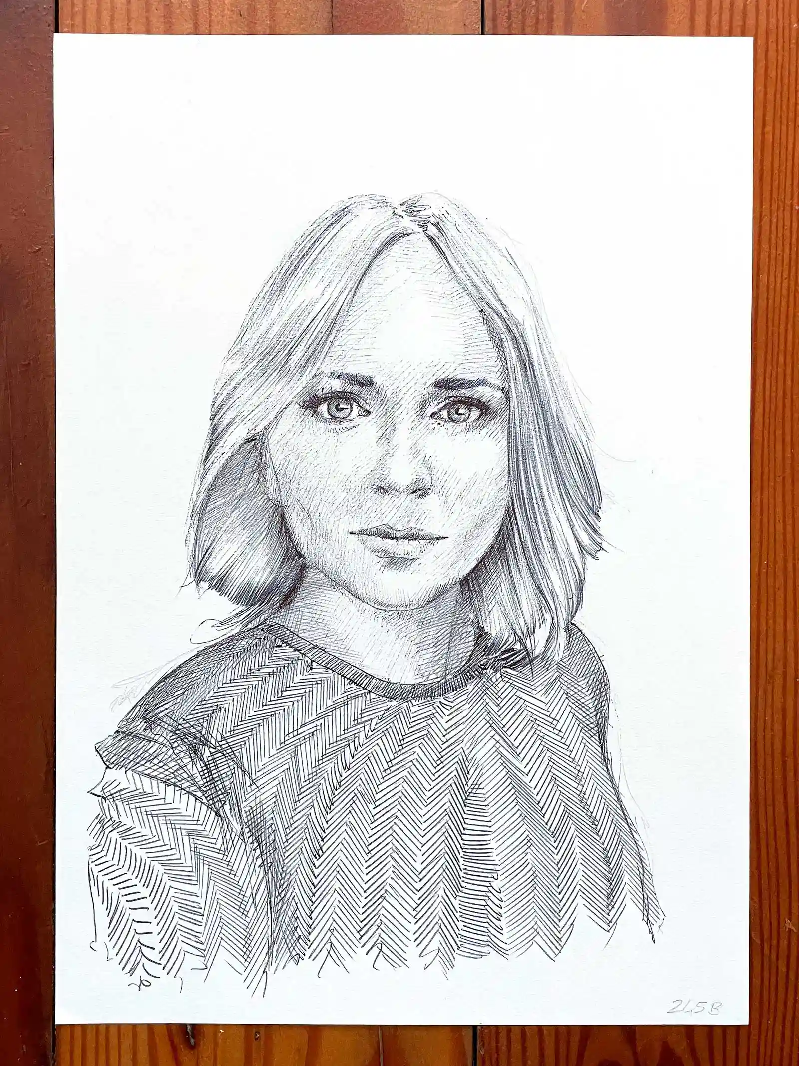 Female ballpoint portrait drawing for sale in the studio in Padova Italy – original black ink artwork by Dario Moschetta