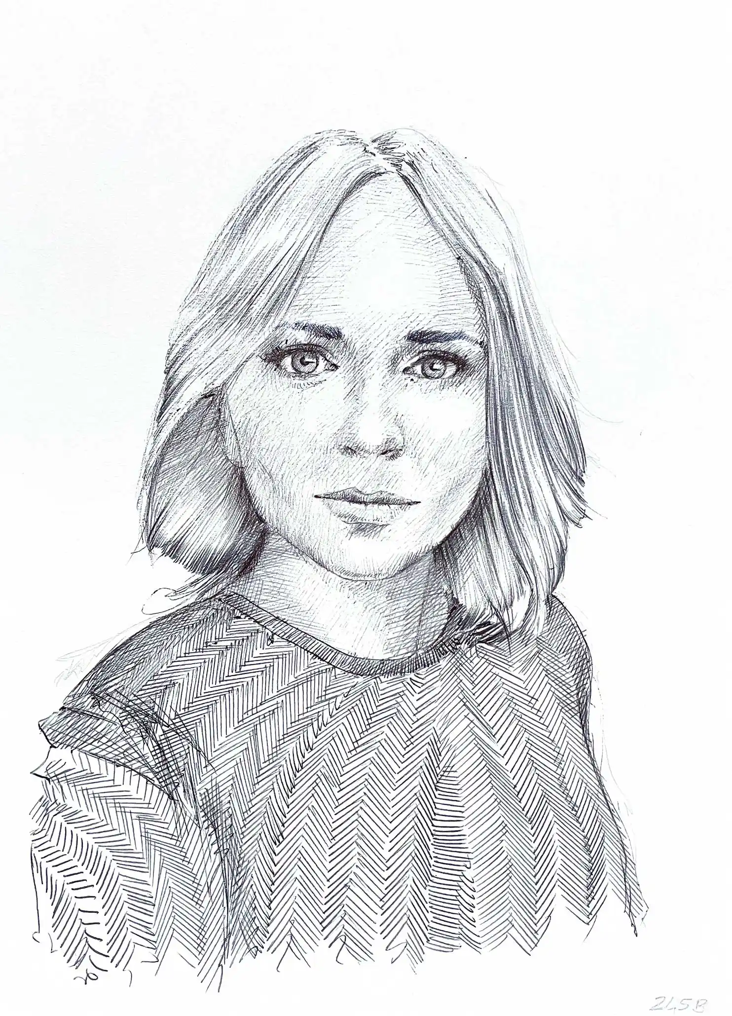 Female ballpoint portrait drawing for sale – original black ink artwork by Dario Moschetta