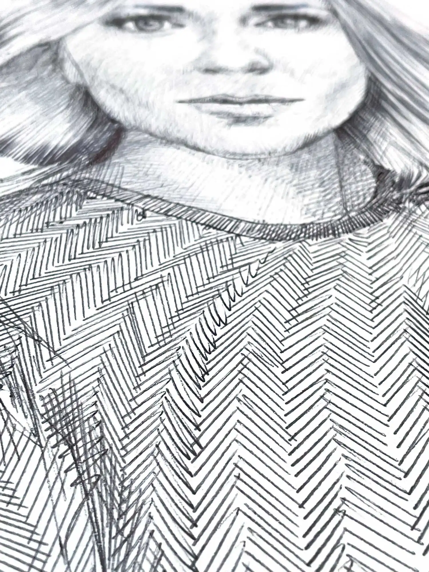 Ink line pattern detail from female portrait drawing by Dario Moschetta, ballpoint pen on paper