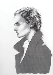 Ink portrait drawing of a woman in profile, hand-drawn with black ink and halftone texture on A4 paper by Dario Moschetta