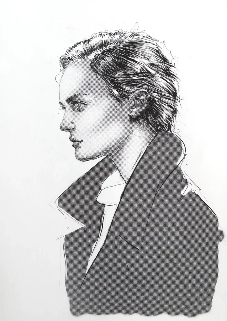 Ink portrait drawing of a woman in profile, hand-drawn with black ink and halftone texture on A4 paper by Dario Moschetta