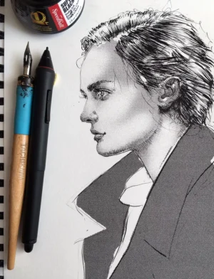 Original ink portrait drawing showing a female profile with coat and confident expression, created with crosshatching and stippling technique