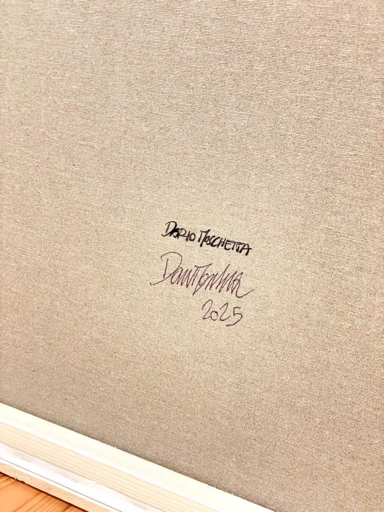 "Back of Scalet Shine canvas with Dario Moschetta signature and year"