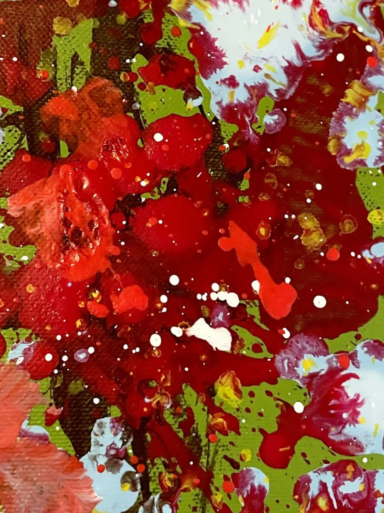 "Detail of Scalet Shine by Dario Moschetta, mixed-media texture and floral abstraction from the contemporary art auction"