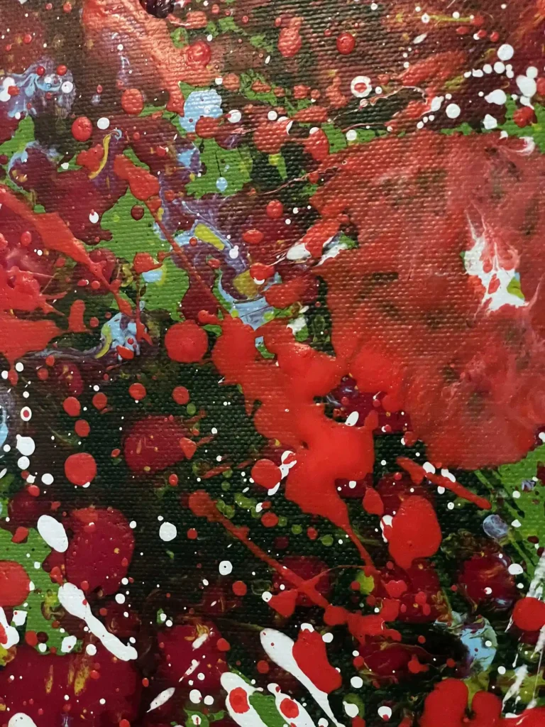 "Close-up of Scalet Shine by Dario Moschetta showing layered paint textures and abstract floral patterns"