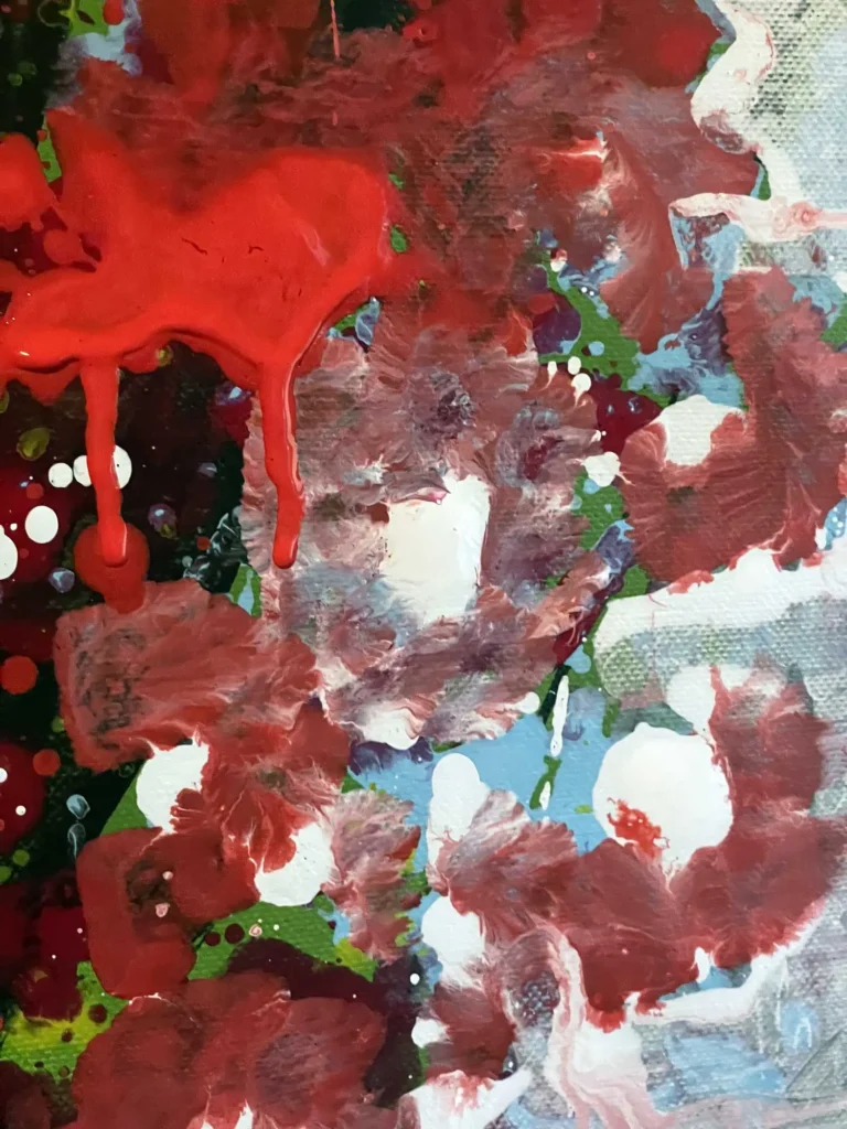 "Abstract close-up of Scalet Shine by Dario Moschetta, contemporary art auction lot highlighting vivid colors and dynamic paint splashes"