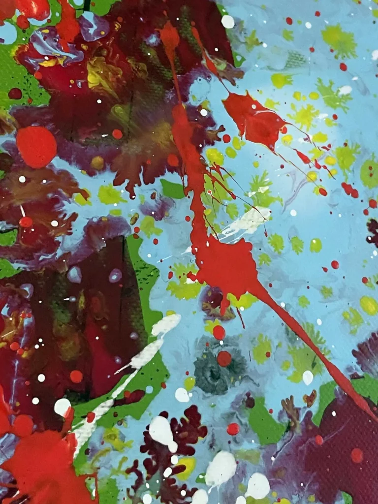 "Fine detail from Scalet Shine painting by Dario Moschetta with vibrant red and green mixed-media layers contemporary art auction lot"