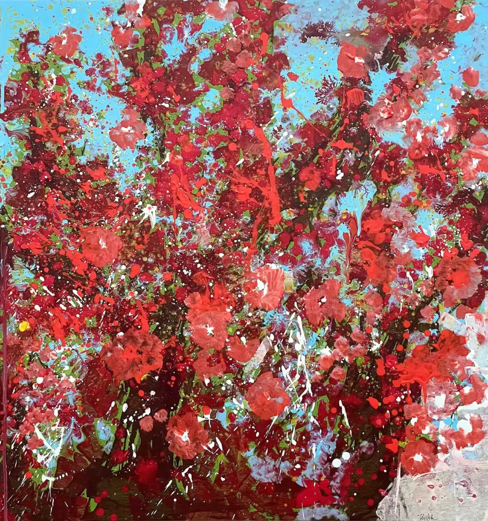 Sunlight Blooms – Scarlet Shine, contemporary art auction lot, vibrant red abstract floral painting by Dario Moschetta