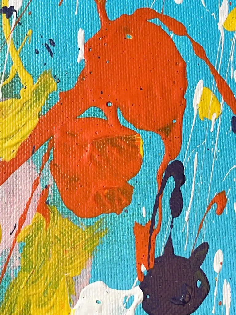 Textured close-up of abstract floral painting on canvas showing layered paint and gesture