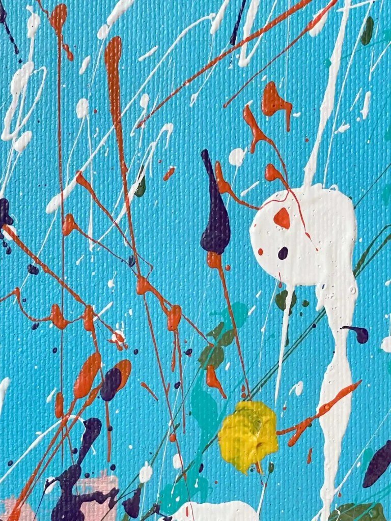 Blue background detail of abstract floral painting on canvas with expressive drippings