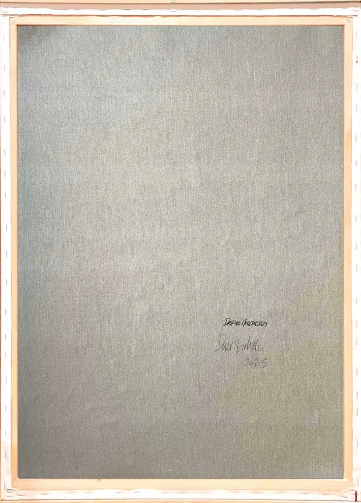 Back of abstract floral painting on canvas signed and dated by Dario Moschetta