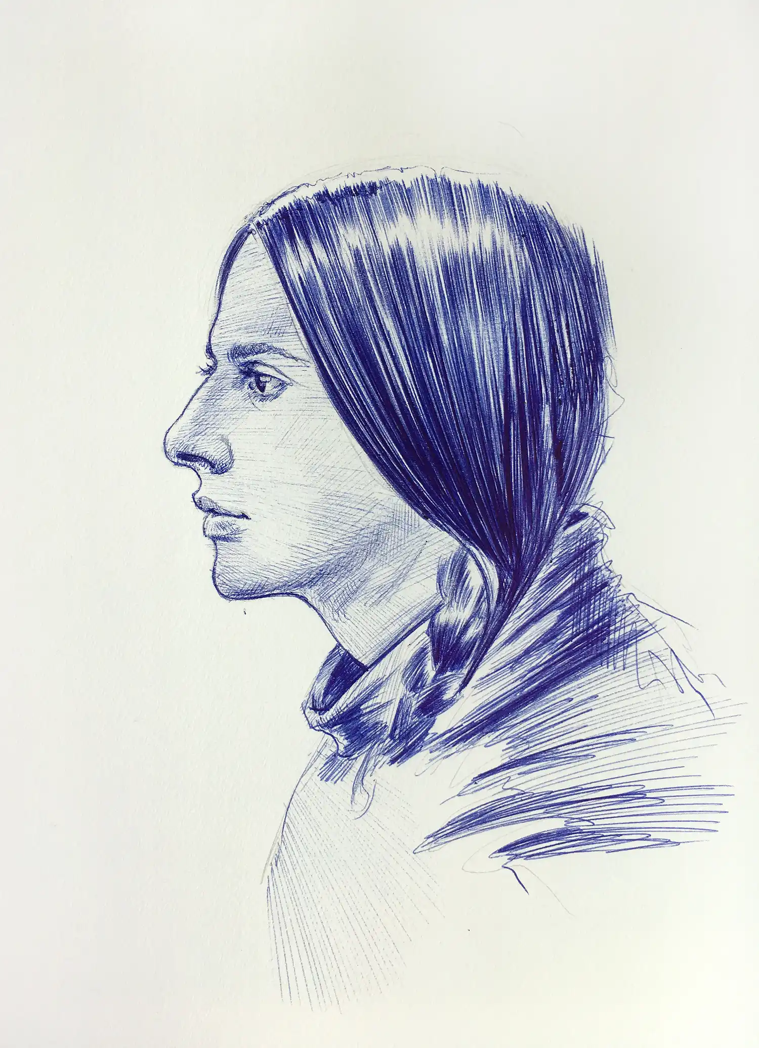 Blue ballpoint ink portrait drawing of a female profile, original contemporary artwork by Dario Moschetta