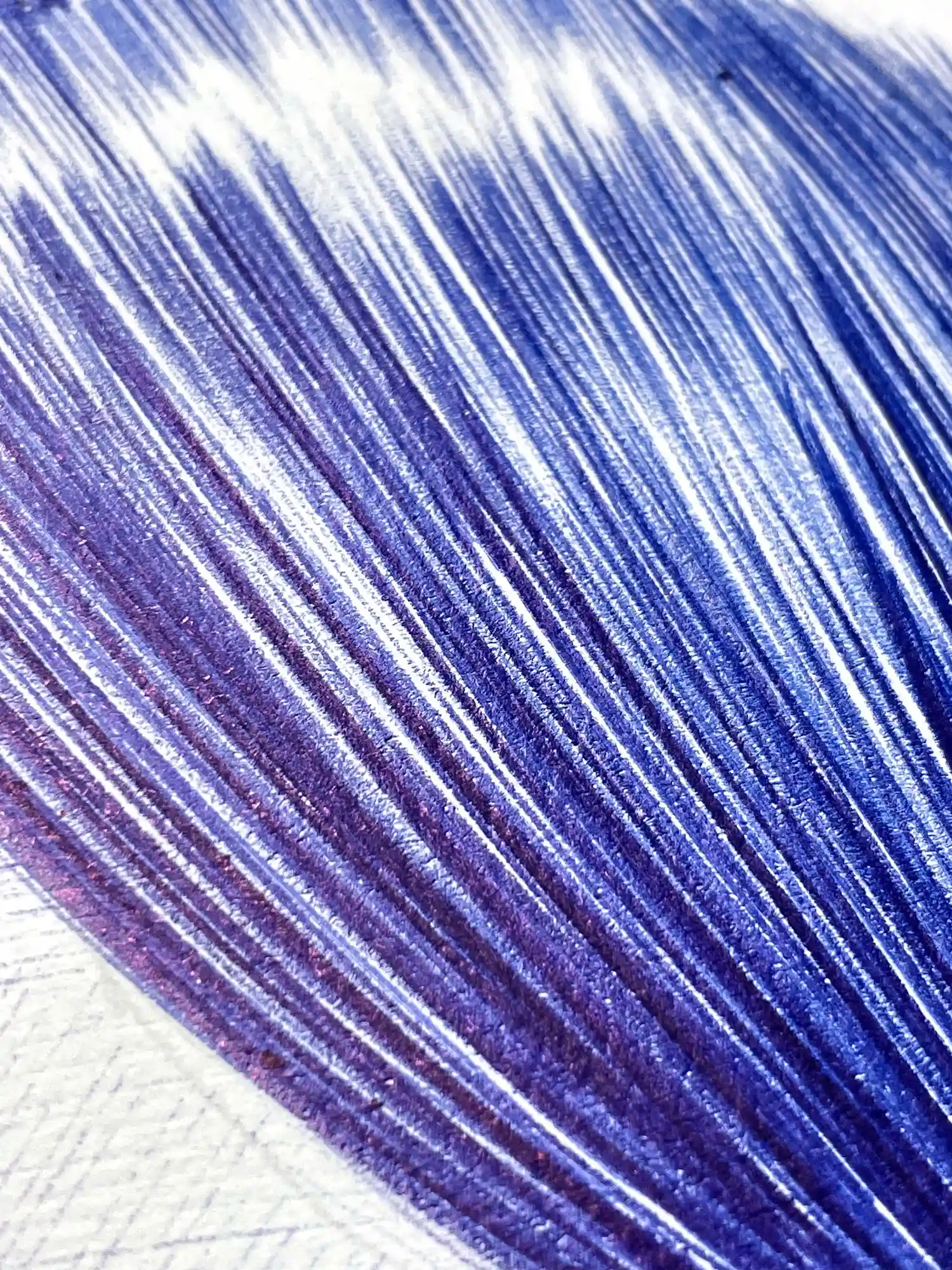 Detail of blue ballpoint pen strokes showing hair texture in a contemporary ink portrait drawing