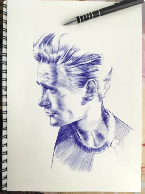 ballpoint pen drawing process – blue ink portrait on paper by Dario Moschetta