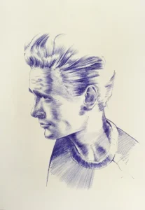 ballpoint pen portrait by Dario Moschetta – male portrait drawn in blue ink on paper