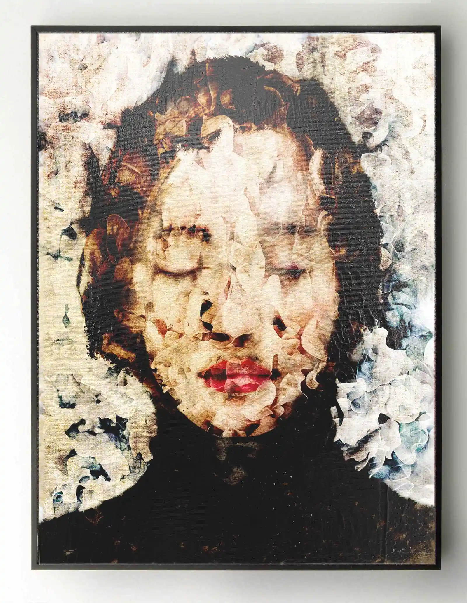 Contemporary mixed-media portrait of a woman with layered abstract textures and soft expressive tones by Dario Moschetta