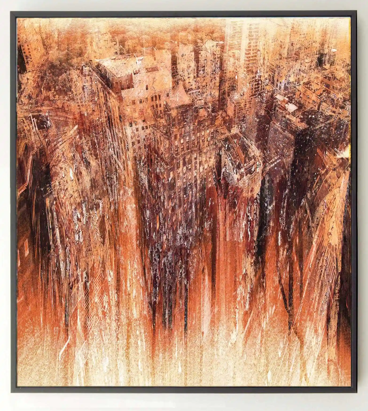 Contemporary art cityscape painting with abstract architectural textures in warm earth tones by Dario Moschetta