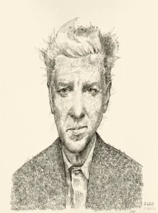 Ink portrait drawing of David Lynch by Dario Moschetta, black ink on paper, frontal contemporary portrait