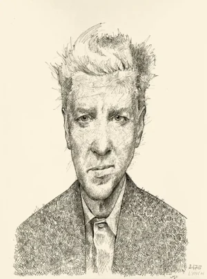 Ink portrait drawing of David Lynch by Dario Moschetta, black ink on paper, frontal contemporary portrait