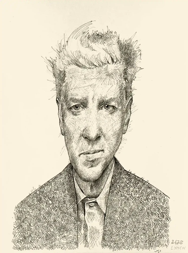 Ink portrait drawing of David Lynch by Dario Moschetta, black ink on paper, frontal contemporary portrait