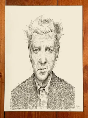 Original ink portrait of David Lynch by Dario Moschetta, contemporary black ink drawing on paper