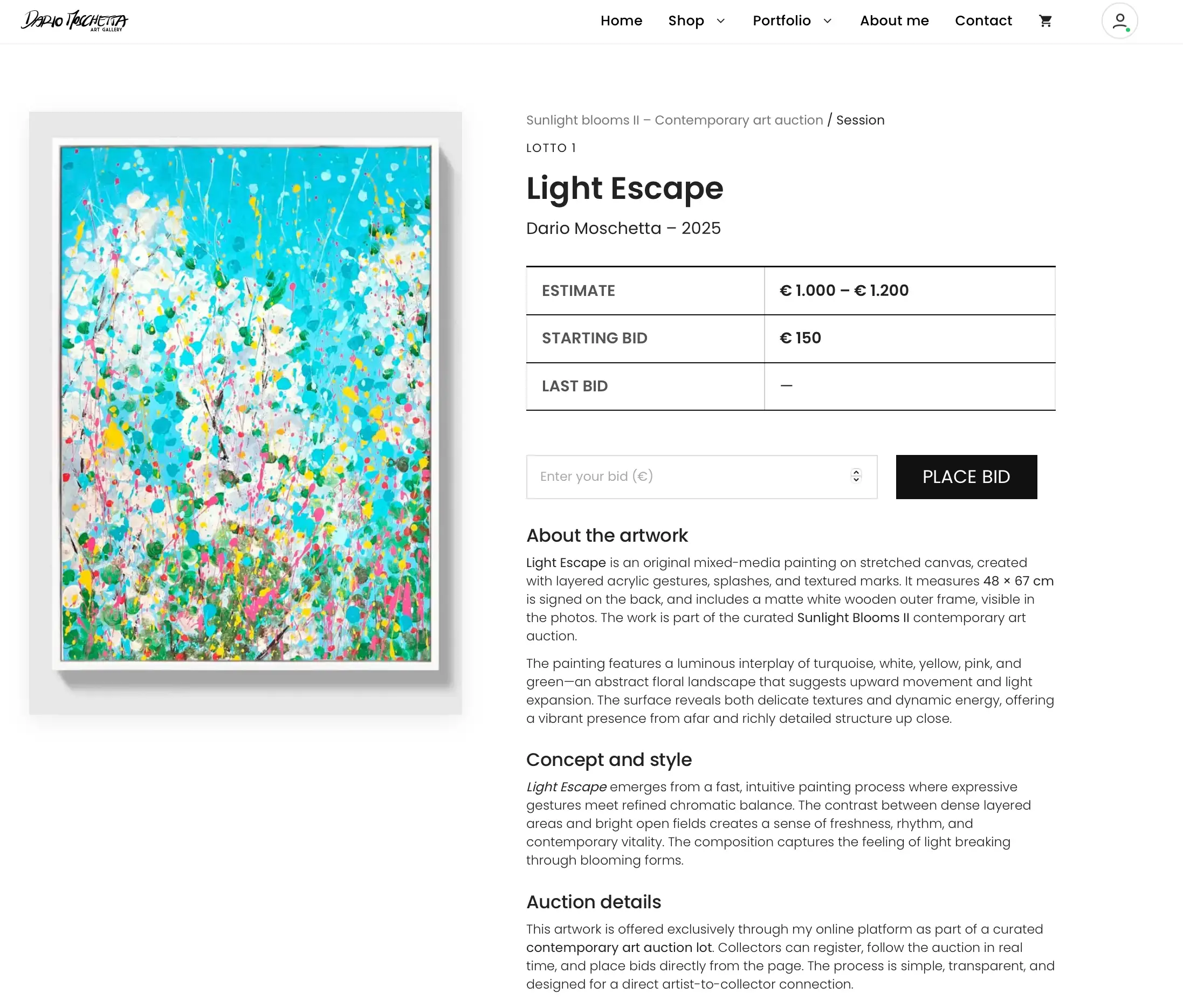 Digital contemporary art platform with abstract painting by Dario Moschetta, featured in editorial insights on modern art and visual culture